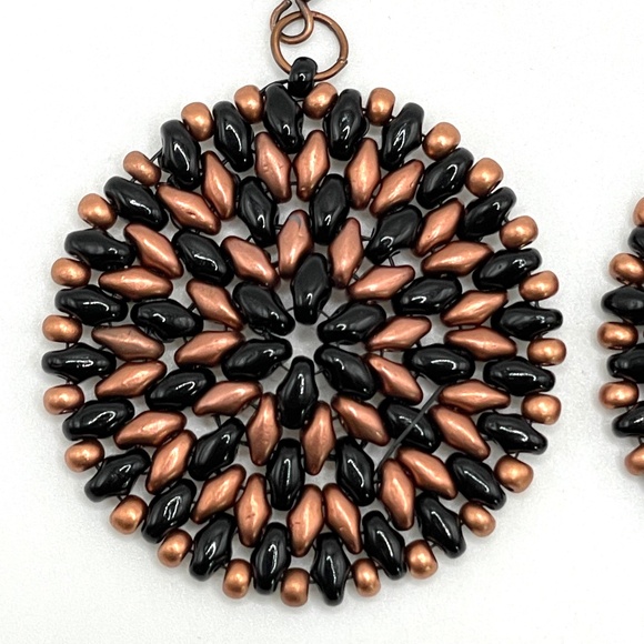 Czech Glass Hand Stitched Beaded Black & Copper Round Boho Pierced Earrings - Picture 4 of 9